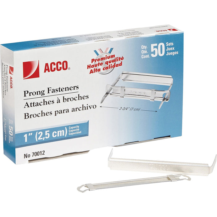 ACCO Standard 2H Punch Premium Prong Fastener Set - Standard - 1" (25.40 mm) Size Capacity - Heavy Duty, Coined Edge - Metal - 50 / Box