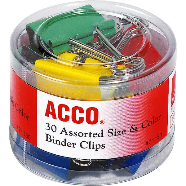 ACCO Assorted Size Binder Clips - Reusable, Rust Resistant, Scratch Resistant - Assorted - Plastic, Tempered Steel - 30 / Pack