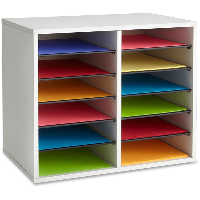 Safco Adjustable 12-Slot Wood Literature Organizer - 12 Compartment(s) - 16.1" (409.45 mm) Height x 19.6" (498.35 mm) Width x 11.9" (301.50 mm) Depth - Desktop - Adjustable, Removable - Laminate - Gray - Wood, Hardboard, Fiberboard - 1 Each