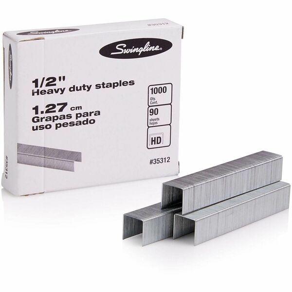 Swingline Premium Heavy-Duty Staples - Heavy Duty - 1/2" (12.70 mm) Leg - Holds 90 Sheet(s) - for Paper - Chisel Point - Silver - 100 Per Strip - 1000 / Box