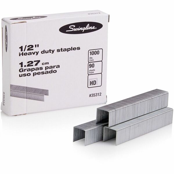 Swingline Premium Heavy-Duty Staples - Heavy Duty - 1/2" (12.70 mm) Leg - Holds 90 Sheet(s) - for Paper - Chisel Point - Silver - 100 Per Strip - 1000 / Box