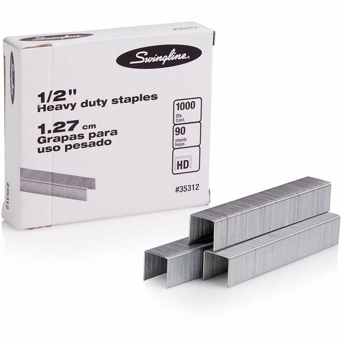 Swingline Premium Heavy-Duty Staples - Heavy Duty - 1/2" (12.70 mm) Leg - Holds 90 Sheet(s) - for Paper - Chisel Point - Silver - 100 Per Strip - 1000 / Box