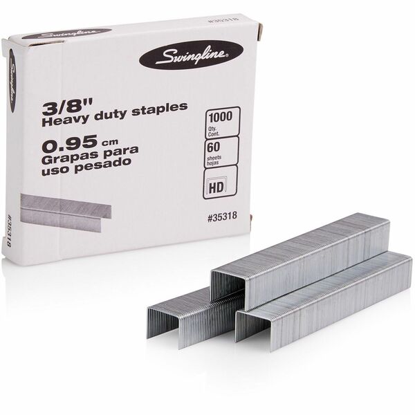 Swingline Premium Heavy-Duty Staples - Heavy Duty - 3/8" (9.53 mm) Leg - Holds 60 Sheet(s) - for Paper - Chisel Point - Silver - 100 Per Strip - 1000 / Box