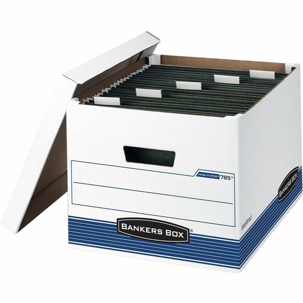 Bankers Box Hang'N'Stor File Storage Box - Internal Dimensions: 12.38" (314.45 mm) Width x 15.19" (385.83 mm) Depth x 10" (254 mm) Height - External Dimensions: 13" Width x 16" Depth x 10.5" Height - Media Size Supported: Letter, Legal - Lift-off Closure