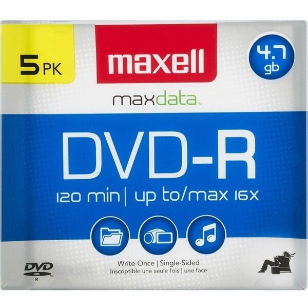 Maxell DVD Recordable Media - DVD-R - 16x - 4.70 GB - 5 / Pack - Gold - 120mm - 2 Hour Maximum Recording Time