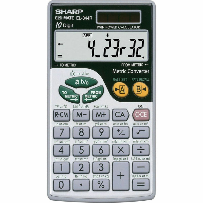Sharp Calculators EL-344RB 10-Digit Handheld Calculator - 3-Key Memory, Sign Change, Auto Power Off - Battery/Solar Powered - Battery Included - 0.3" (7.62 mm) Height x 2.7" (68.58 mm) Width x 4.7" (119.38 mm) Depth - Gray, Black - 1 Each