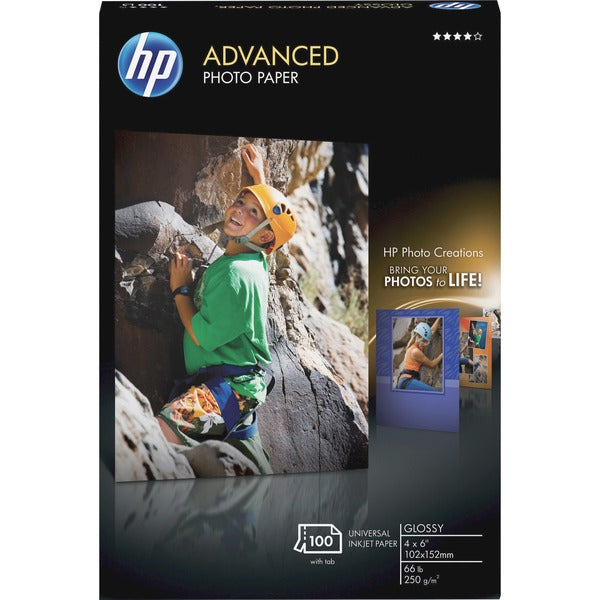 HP Advanced Glossy Photo Paper - 4" (101.60 mm) x 6" (152.40 mm) - 66 lb (29937.10 g) Basis Weight - Glossy - Quick Drying, Smudge Resistant, Durable - Glossy - 100 / Pack