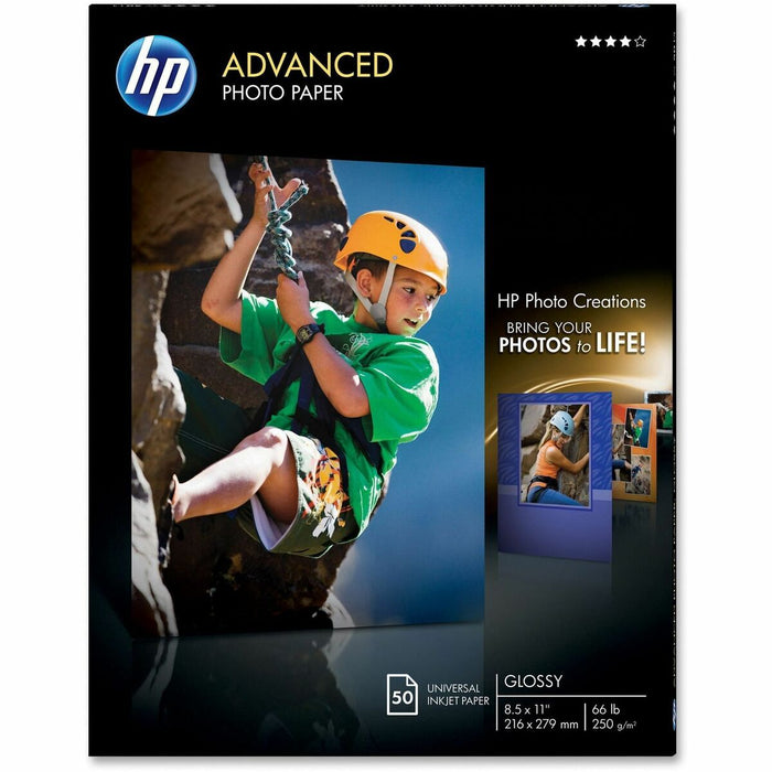 HP Advanced Glossy Photo Paper - Letter - 8 1/2" (215.90 mm) x 11" (279.40 mm) - 66 lb (29937.10 g) Basis Weight - Glossy - Water Resistant, Smear Resistant, Smudge Resistant, Quick Drying - White - 1 Pack