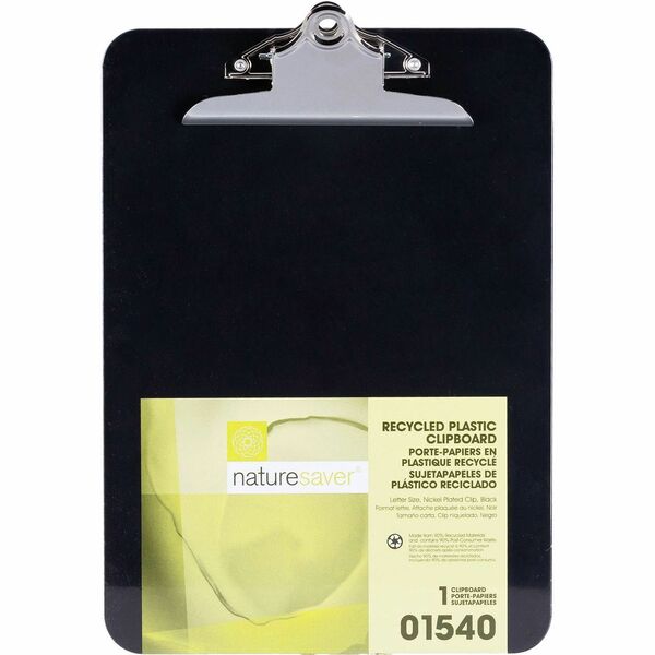 Nature Saver Recycled Plastic Clipboards - 1" (25.40 mm) Clip Capacity - 8 1/2" (215.90 mm) x 12" (304.80 mm) Sheet Size - Heavy Duty - Plastic - Black - 1 Each