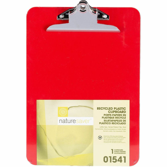 Nature Saver Recycled Plastic Clipboards - 1" (25.40 mm) Clip Capacity - 8 1/2" (215.90 mm) x 12" (304.80 mm) Sheet Size - Heavy Duty - Plastic - Red - 1 Each