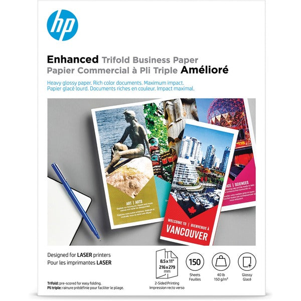 HP Trifold Brochure Paper - White - 97 Brightness - Letter - 8 1/2" (215.90 mm) x 11" (279.40 mm) - 40 lb (18143.69 g) Basis Weight - Smooth, Glossy - Double-sided - White - 150 / Pack