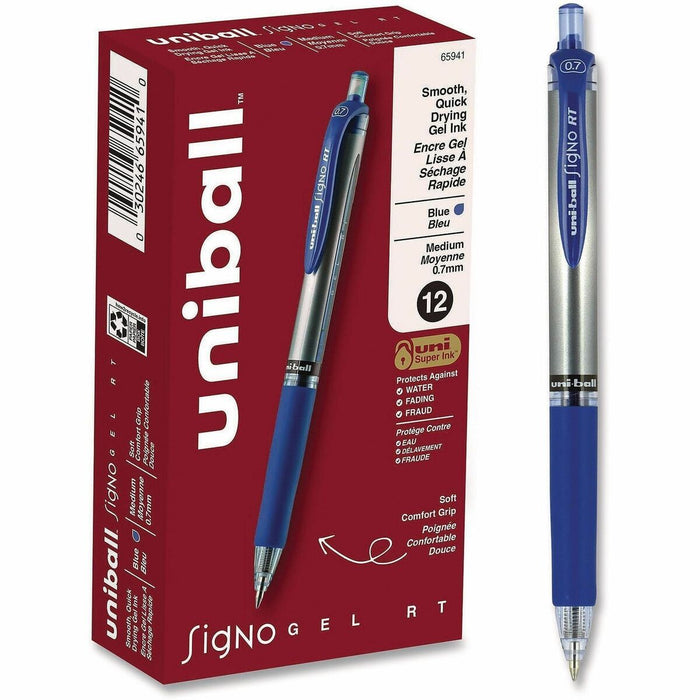 uniball Signo RT Gel Pens - Refillable - Retractable - Blue Ink - Gel-based - Document - 1 Each