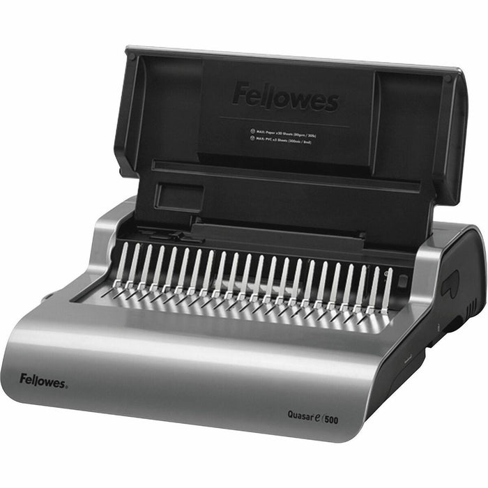 Fellowes Quasar™ E 500 Electric Comb Binding Machine w/ Starter Kit - CombBind - 500 Sheet(s) Bind - 25 Punch - 5.13" (130.30 mm) Height x 16.88" (428.75 mm) Width x 15.38" (390.65 mm) Depth - Metallic Silver, Black