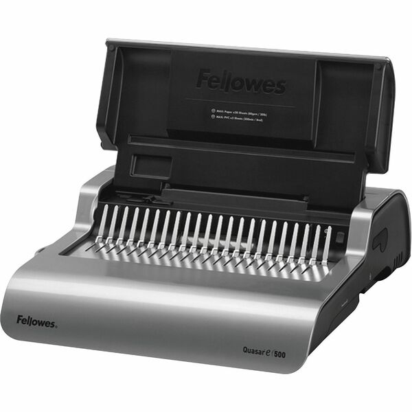 Fellowes Quasar&#8482; E 500 Electric Comb Binding Machine w/ Starter Kit - CombBind - 500 Sheet(s) Bind - 25 Punch - 5.13" (130.30 mm) Height x 16.88" (428.75 mm) Width x 15.38" (390.65 mm) Depth - Metallic Silver, Black