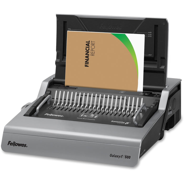 Fellowes Galaxy-E™ 500 Electric Comb Binding Machine w/ Starter Kit - CombBind - 500 Sheet(s) Bind - 28 Punch - Letter - 6.50" (165.10 mm) Height x 19.63" (498.60 mm) Width x 17.75" (450.85 mm) Depth - Metallic Silver, Black