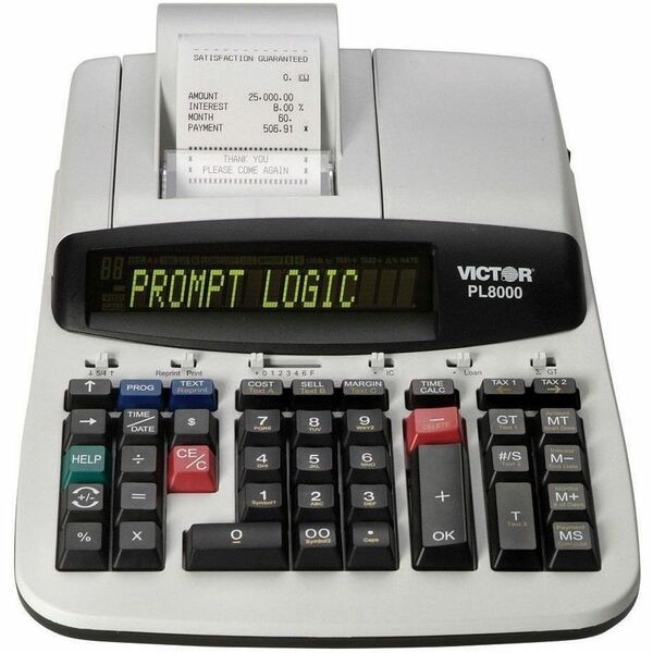 Victor PL8000 Thermal Printing Calculator - Date, Clock, Heavy Duty, Backlit Display, Durable, Independent Memory, 4-Key Memory - AC Supply Powered - 4" (101.60 mm) Height x 8.8" (222.25 mm) Width x 13.5" (342.90 mm) Depth - Gray, White - 1 Each