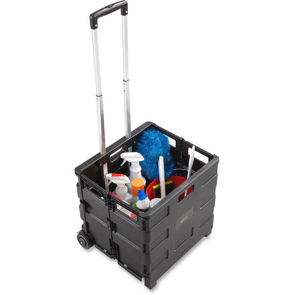 Safco Stow Away Folding Caddy - Telescopic Handle - 50 lb (22.68 kg) Load Capacity - 2 Casters - 16.5" (419.10 mm) Width x 14.5" (368.30 mm) Depth x 39" (990.60 mm) Height - Black, Silver - 1 Each