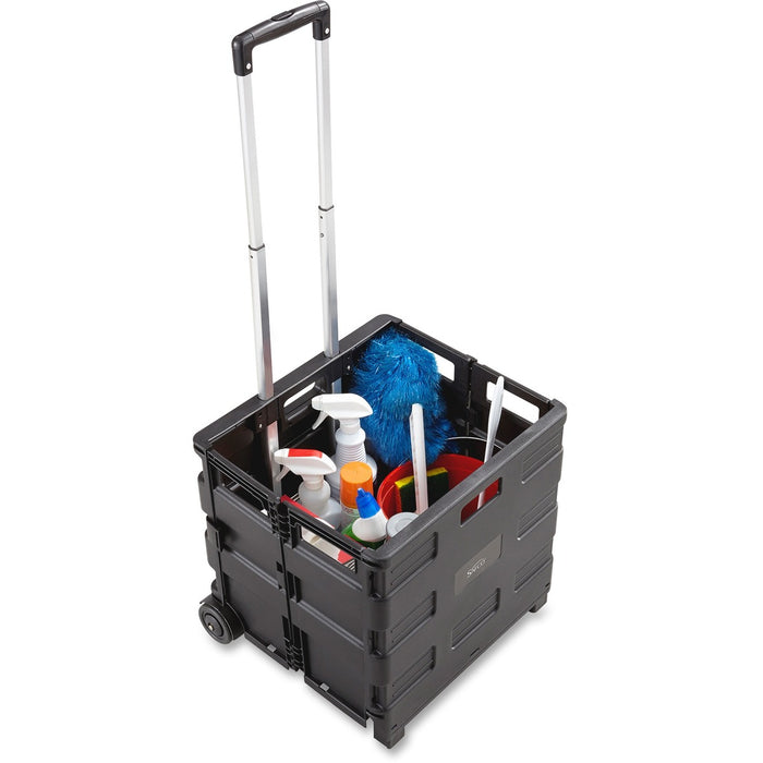Safco Stow Away Folding Caddy - Telescopic Handle - 50 lb (22.68 kg) Load Capacity - 2 Casters - 16.5" (419.10 mm) Width x 14.5" (368.30 mm) Depth x 39" (990.60 mm) Height - Black, Silver - 1 Each
