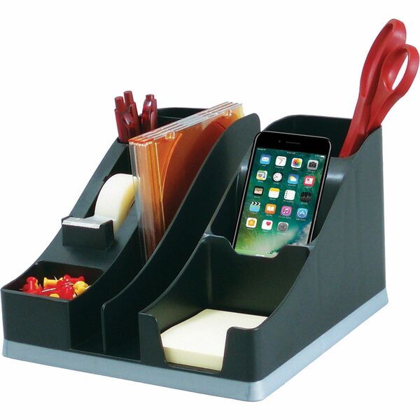 Deflecto Silouettes All-in-One Caddy - 6 Compartment(s) - 5.2" (131.76 mm) Height x 8.1" (206.38 mm) Width x 9.1" (231.78 mm) Depth - Desktop - Cable Management, Removable Divider - Silver - 1 Each