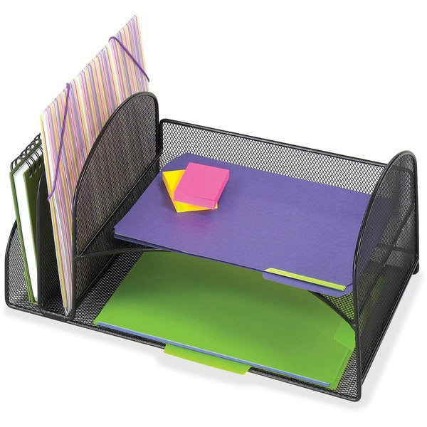 Safco Onyx 2 Upright/2 Tray Mesh Desk Organizer - 7.8" (196.85 mm) Height x 10.8" (273.05 mm) Width x 17" (431.80 mm) Depth - Desktop - Black - 1 Each