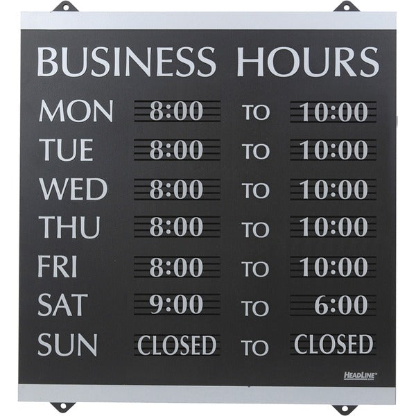 Headline Century Business Hours Sign - 1 Each - English - Business Hour Print/Message - 13" (330.20 mm) Width x 14" (355.60 mm) Height - Silver Print/Message Color - Customizable Time - Plastic - Indoor - Black