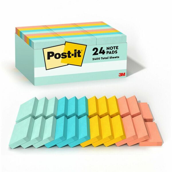 Post-it&reg; Notes Value Pack - Beachside Caf&eacute; Color Collection - 2400 - 1 1/2" x 2" - Rectangle - Unruled - Fresh Mint, Aqua Splash, Sunnyside, Papaya Fizz - Paper - Self-adhesive, Repositionable - 24 / Pack