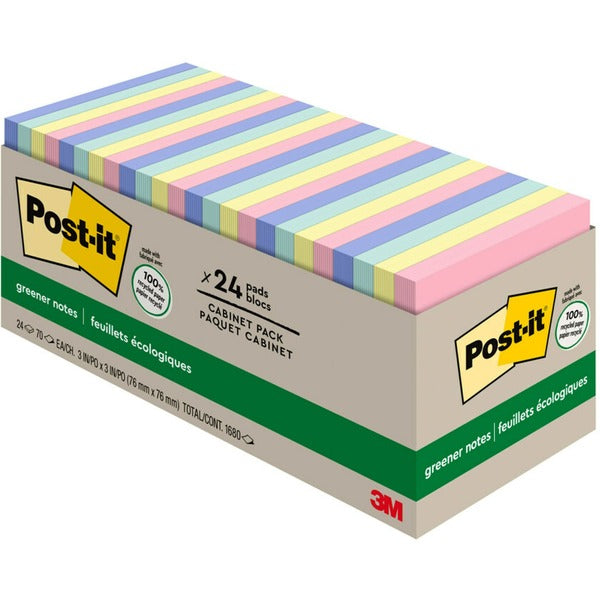 Post-it&reg; Greener Notes Cabinet Pack - Sweet Sprinkles Color Collection - 1800 x Assorted - 3" x 3" - Square - 75 Sheets per Pad - Unruled - Positively Pink, Canary Yellow, Fresh Mint, Moonstone - Paper - Repositionable, Self-adhesive - 24 / Pack - Rec