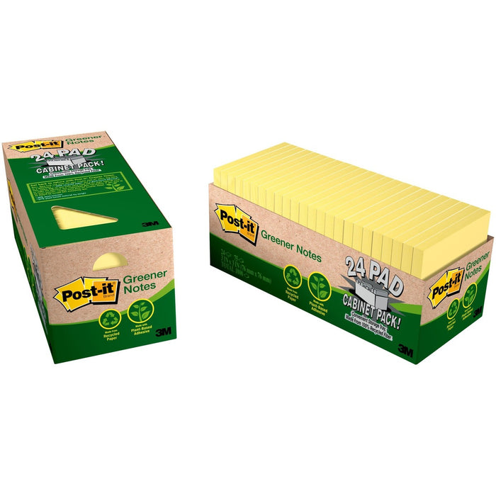 Post-it&reg; Greener Notes Cabinet Pack - 1800 - 3" (76.20 mm) Flag/Note Width x 3" (76.20 mm) Flag/Note Length - Square - 75 Sheets per Pad - Unruled - Canary Yellow - Paper - Self-adhesive, Repositionable - Recycled - 24 / Pack