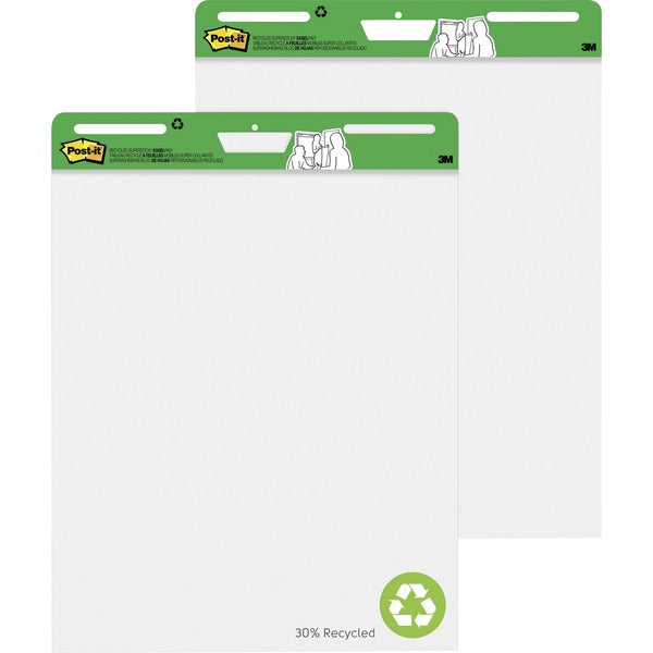 Post-it&reg; Easel Pad with Recycled Paper - 30 Sheets - Plain - Stapled - 18.50 lb (8391.46 g) Basis Weight - 25" (635 mm) x 30" (762 mm) Sheet Size - 30.50" (774.70 mm) Height x 25" (635 mm) Width - White Paper - Black Cardboard Cover - Self-adhesive, B