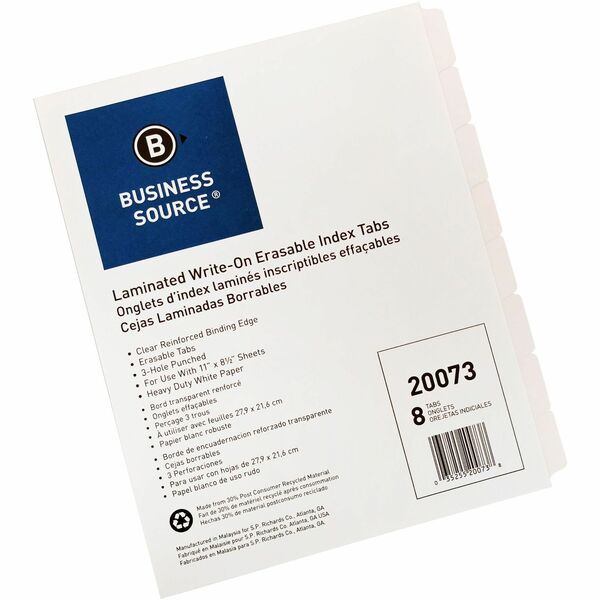 Business Source 3-Ring 8-Tab Indexes - 8 Write-on Tab(s)1.25" Tab Width - 8.50" Divider Width x 11" Divider Length - Letter - 3 Hole Punched - White Divider - White Mylar Tab(s) - Recycled - Reinforced Edges, Punched - 8 / Set