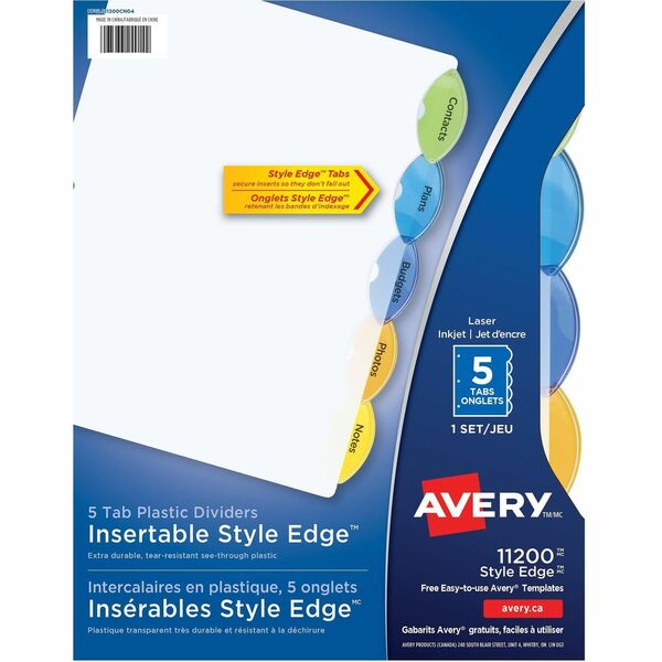 Avery&reg; Insertable Style Edge&trade; Plastic Dividers, 5 tabs, 1 set - 5 x Divider(s) - 5 Tab(s) - 5 - 5 Tab(s)/Set - 8.50" Divider Width x 11" Divider Length - 3 Hole Punched - Translucent Plastic Divider - Multicolor Plastic Tab(s) - 5 / Set