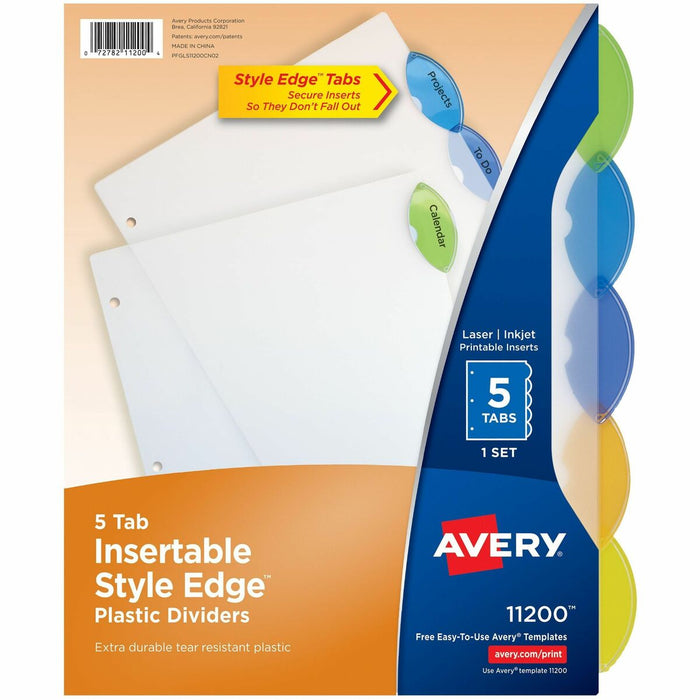 Avery&reg; Insertable Style Edge™ Plastic Dividers, 5 tabs, 1 set - 5 x Divider(s) - 5 Tab(s) - 5 - 5 Tab(s)/Set - 8.50" (215.90 mm) Divider Width x 11" (279.40 mm) Divider Length - 3 Hole Punched - Translucent Plastic Divider - Multicolor Plastic T