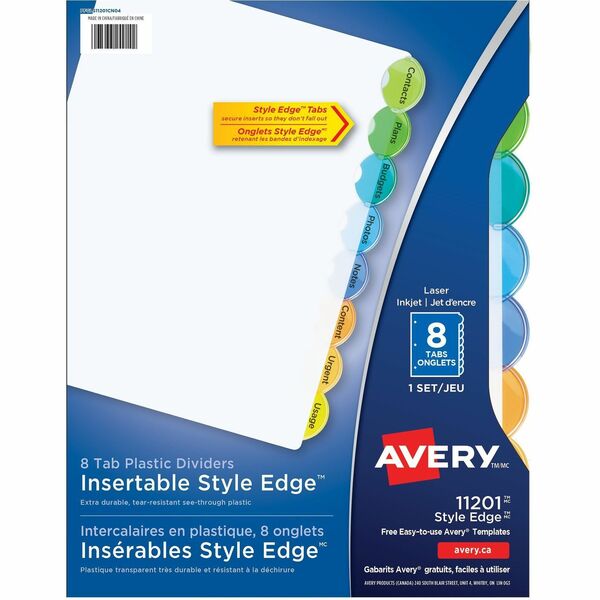 Avery&reg; Insertable Style Edge&trade; Plastic Dividers, 8 tabs, 1 set - 8 x Divider(s) - 8 - 8 Tab(s)/Set - 8.50" Divider Width x 11" Divider Length - 3 Hole Punched - Translucent Plastic Divider - Multicolor Plastic Tab(s) - Customizable, Hole-punched,