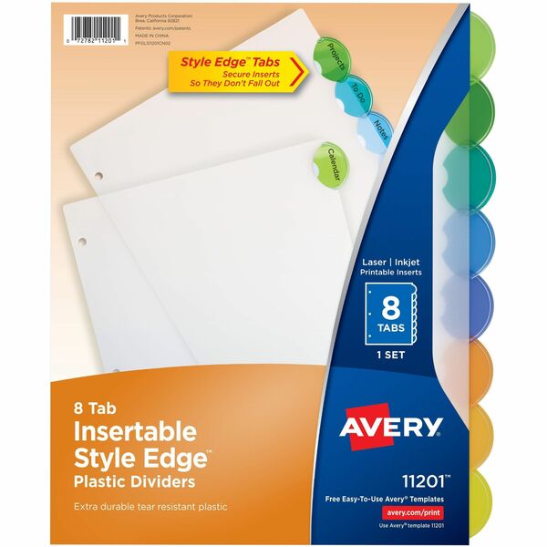 Avery&reg; Insertable Style Edge™ Plastic Dividers, 8 tabs, 1 set - 8 x Divider(s) - 8 - 8 Tab(s)/Set - 8.50" (215.90 mm) Divider Width x 11" (279.40 mm) Divider Length - 3 Hole Punched - Translucent Plastic Divider - Multicolor Plastic Tab(s) - Cus