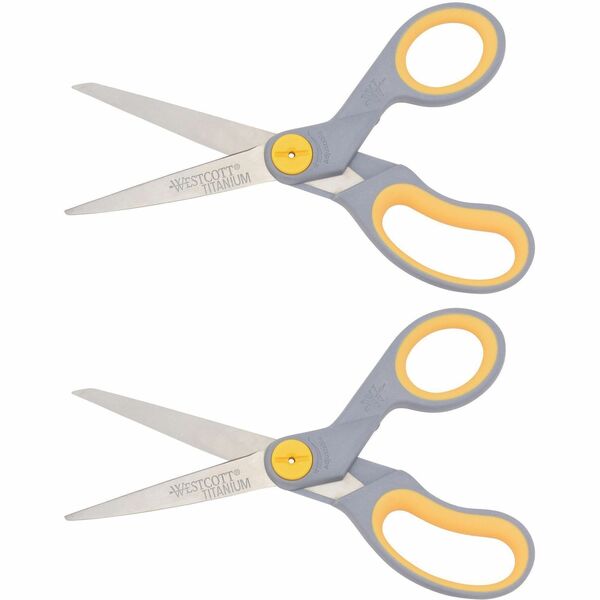 Westcott 8" Straight Soft Handle Titanium-Bonded Glide Scissors - 8" (203.20 mm) Overall Length - Straight-left/right - Titanium - Pointed Tip - Gray/Yellow - 2 / Pack