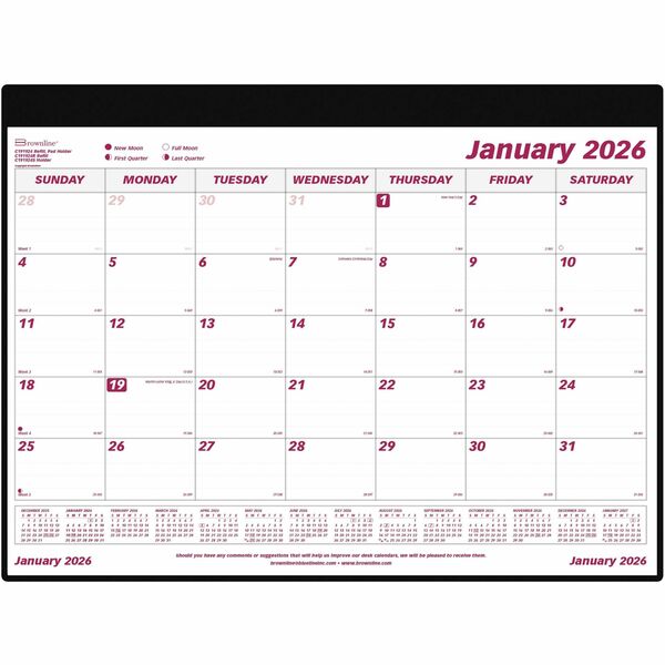 Brownline 2026 12-Month Monthly Desk Pad Calendar with Vinyl Holder - January to December - 24-1/4" x 19-1/8" - English - Monthly, Yearly - 12 Month - January 2026 to December 2026 - 1 Month Single Page Layout - 24 1/4" (615.95 mm) x 19 1/8" (485.78 mm) S