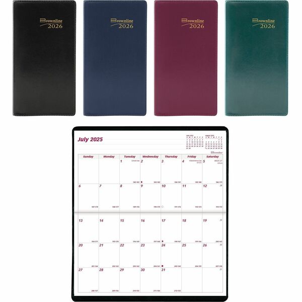 Brownline 18-Month Pocket Planner, 6-1/2" x 3-1/2" , English, Assorted Colours - Pocket - Monthly - 18 Month - July 2025 to December 2026 - 1 Month Double Page Layout - 3 1/2" (88.90 mm) x 6 1/2" (165.10 mm) Sheet Size - Saddle Stitch - Assorted - Vinyl -