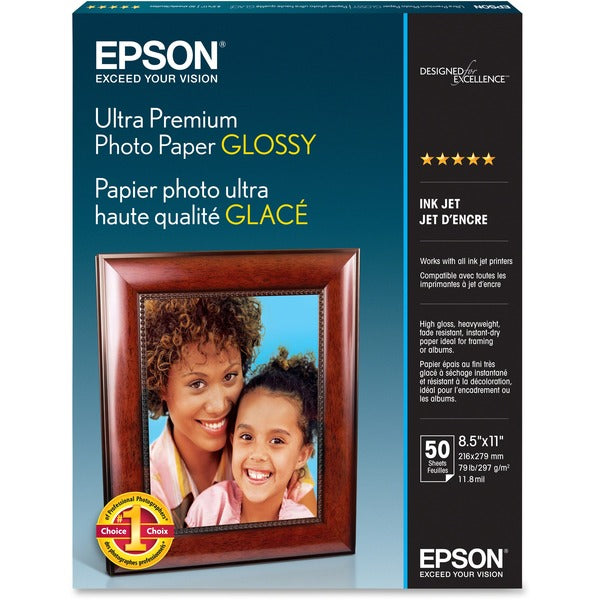 Epson Ultra-premium Glossy Photo Paper - Letter - 8 1/2" (215.90 mm) x 11" (279.40 mm) - Glossy - Bright White - 50 / Pack