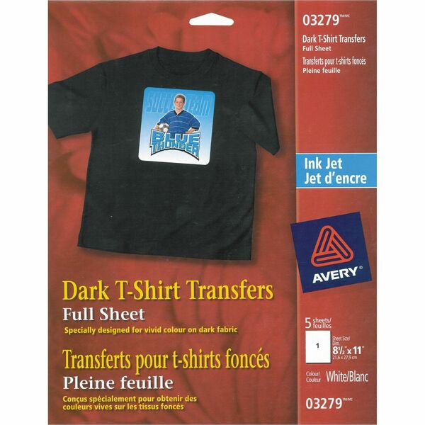 Avery&reg; Dark T-Shirt Transfers for Inkjet Printers - Letter - 8 1/2" x 11" - Matte - 5 / Pack - Die-cut, Fade Resistant, Crack Resistant, Long Lasting, Printable - White
