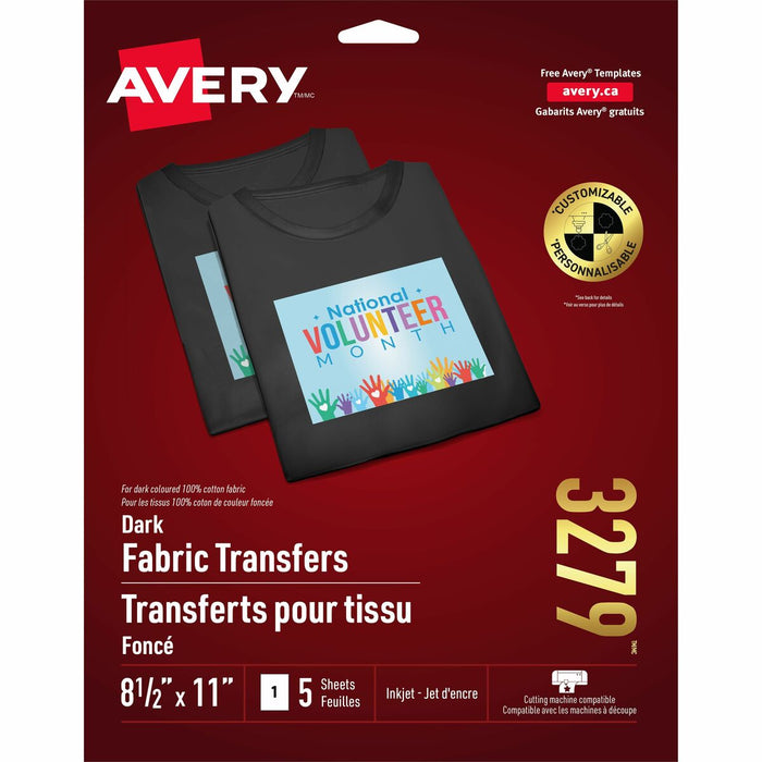 Avery&reg; Dark T-Shirt Transfers - Letter - 8 1/2" (215.90 mm) x 11" (279.40 mm) - Matte - Die-cut, Fade Resistant, Crack Resistant, Long Lasting, Printable - White - 5 / Pack