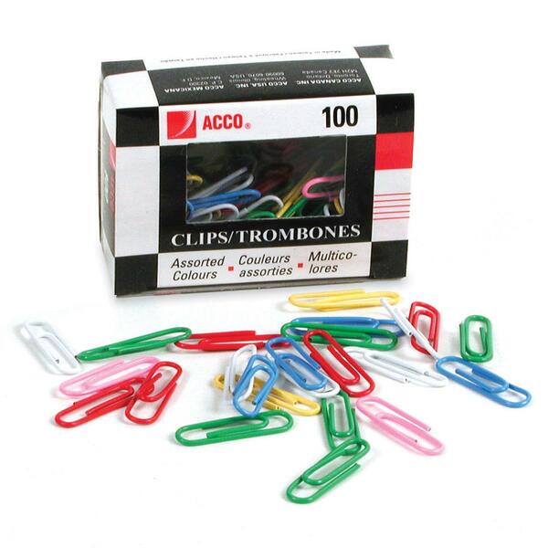 Acco Vinyl Coated Colour Paper Clip - #1, Standard - Standard - No. 1 - 1.18" (29.97 mm) Length - Assorted - 100 / Box