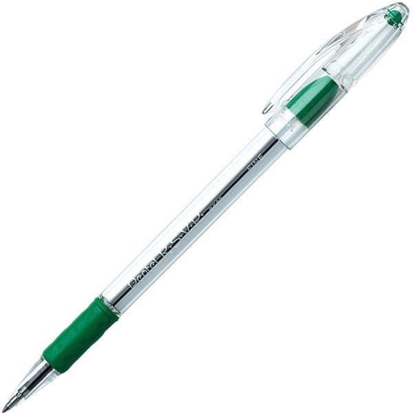 Pentel R.S.V.P. Ballpoint Stick Pens - Fine Pen Point - 0.7 mm Pen Point Size - Refillable - Green - Clear Barrel - Stainless Steel Tip - 12 / Box