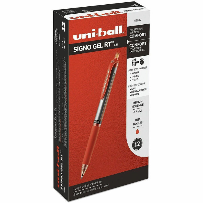 uniball Signo RT Gel Pens - Refillable - Retractable - Red Ink - Gel-based - Red Metal Barrel - 1 Each