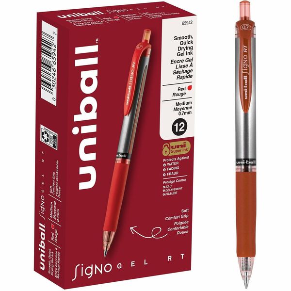 uniball&trade; SigNo RT Gel Ink Pens - 0.7 mm (0.03") Medium Pen Point - Refillable - Retractable - Red Ink - Gel-based - Red Metal Barrel - 1 Each