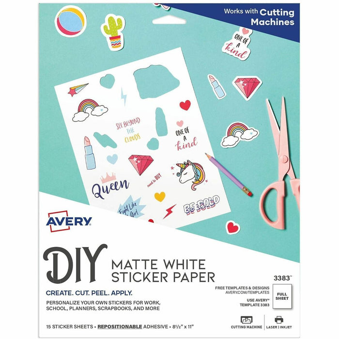 Avery&reg; Sticker Project Paperfor Inkjet Printers - Letter - 8 1/2" (215.90 mm) x 11" (279.40 mm) - Matte - Repositionable, Acid-free, Lignin-free, Printable, Easy Peel - Matte White - 15/Pack - 1 Carton