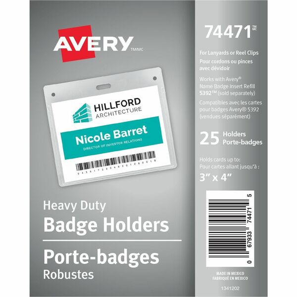 Avery&reg; Horizontal Name Badge Holders, 3" x 4" - Support 3" (76.20 mm) x 4" (101.60 mm) Media - Landscape - Polyvinyl Chloride (PVC) - 25 / Pack - Clear - Reusable, Durable, Top Loading, Secure, Clip-on, Heavy Duty