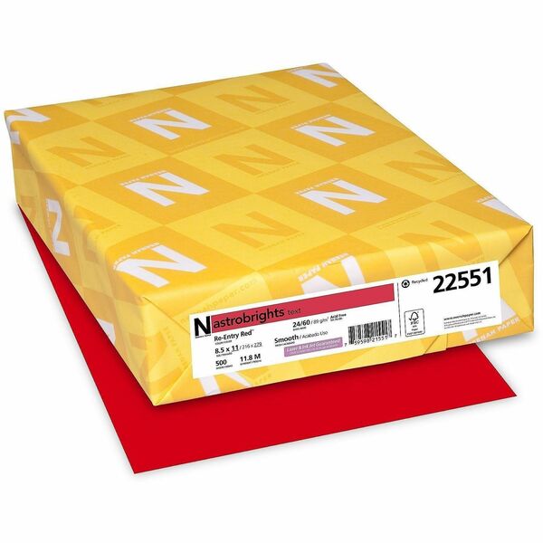 Neenah Color Paper - Red - Letter - 8 1/2" (215.90 mm) x 11" (279.40 mm) - 24 lb (10886.22 g) Basis Weight - Smooth - Green Seal - Acid-free, Lignin-free, Chlorine-free, Heavyweight - Re-entry Red - 500 Sheets - 500 / Pack
