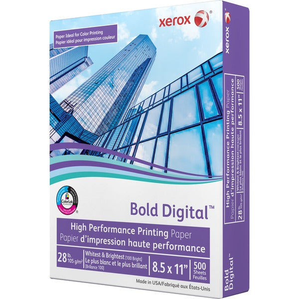 Xerox Bold Digital Printing Paper 100B 28lb Letter 500/pkg - 100 Brightness - 94% Opacity - Letter - 8 1/2" (215.90 mm) x 11" (279.40 mm) - 28 lb (12700.59 g) Basis Weight - Smooth - Sustainable Forestry Initiative (SFI) - Uncoated - White - 500 Sheets -