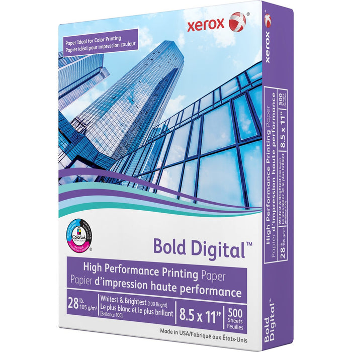 Xerox Bold Digital Printing Paper 100B 28lb Letter 500/pkg - 100 Brightness - 94% Opacity - Letter - 8 1/2" (215.90 mm) x 11" (279.40 mm) - 28 lb (12700.59 g) Basis Weight - Smooth - Sustainable Forestry Initiative (SFI) - Uncoated - White - 500 Sheets -