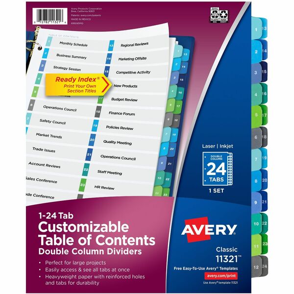 Avery&reg; Ready Index&reg; Double Column Table of Content Dividers, 24 tabs - 24 x Divider(s) - 24 Tab(s) - Digit - 1-24 - 24 Tab(s)/Set - 8.50" (215.90 mm) Divider Width x 11" (279.40 mm) Divider Length - 3 Hole Punched - White Paper Divider - Multicolo